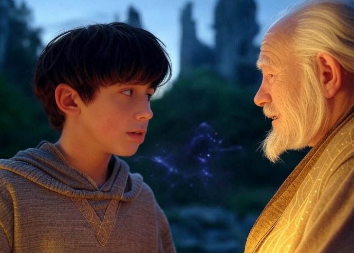 Young boy wise elder conversing