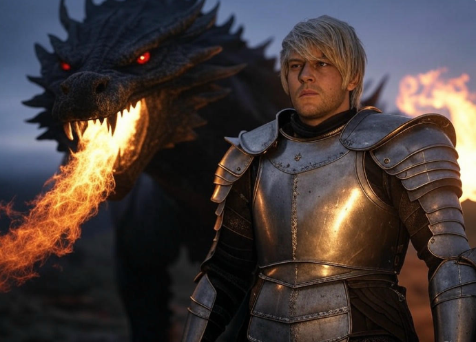 Knight with dragon fire breathing