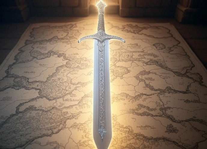 Glowing sword on map