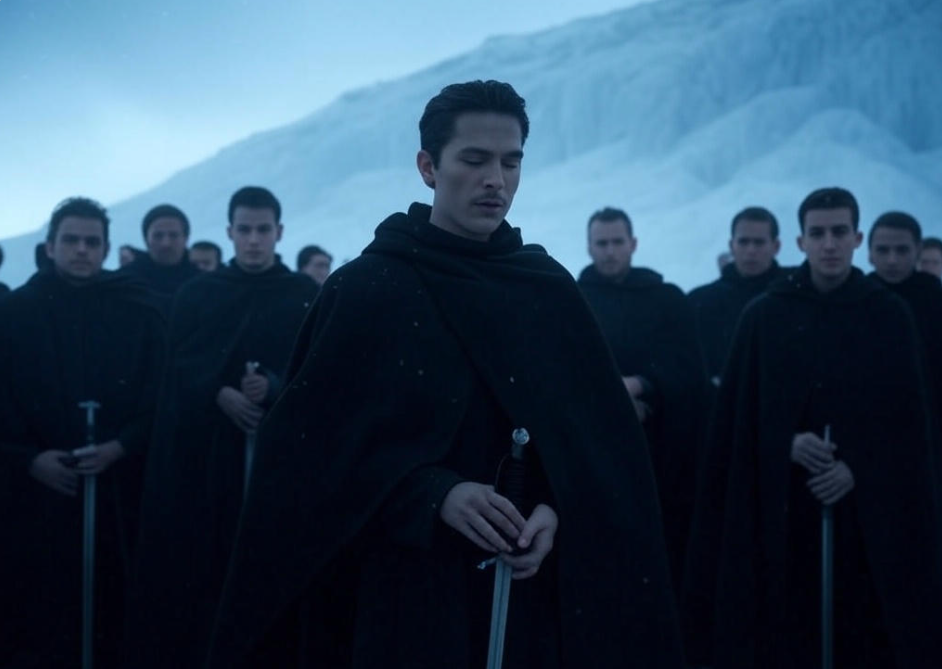 Cloaked warriors snowy mountain