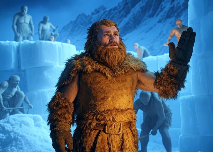 Fur-clad man waving icy