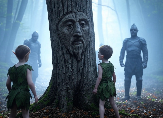 Children by carved tree