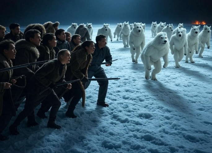 Armed group facing wolves