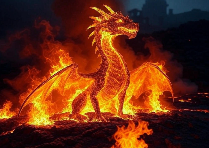 Fiery dragon amidst flames