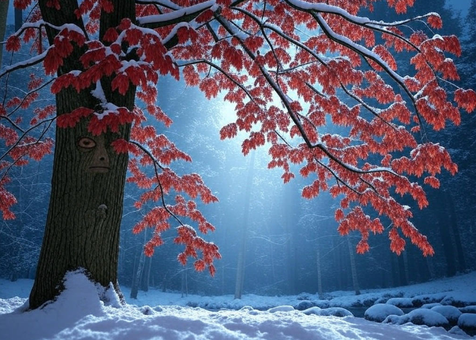 Snowy tree red leaves