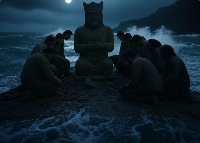 Moonlit statue worship scene