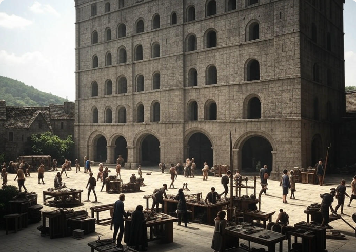 Medieval courtyard bustling activity