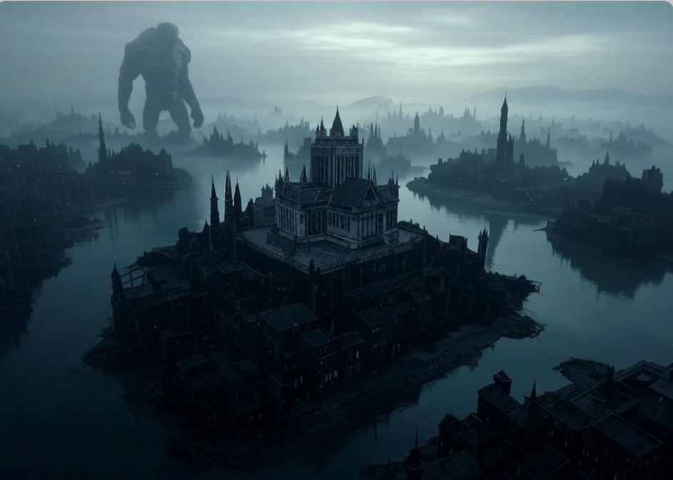 Giant overlooking gothic city