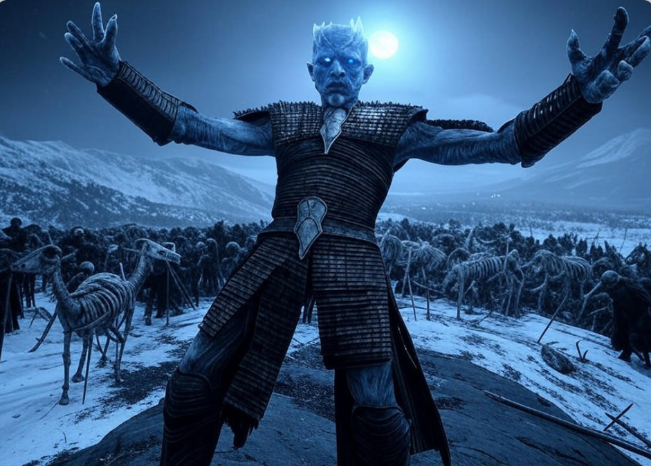 Icy figure leading undead army snowy landscape moonlight