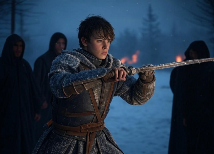 Warrior wielding sword snow