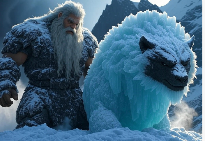 Icy warrior with frost beast snowy mountains
