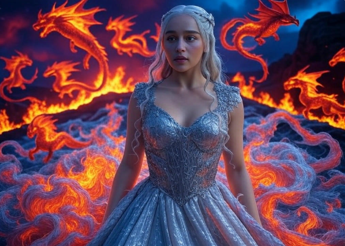 Woman in gown with dragons