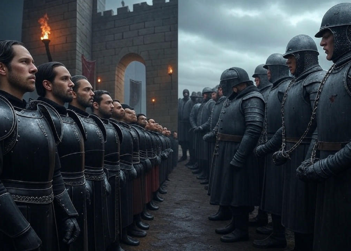Armored knights facing off castle