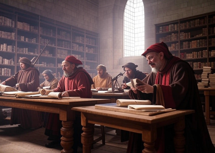 Monks studying in library