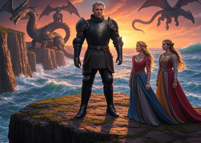 Knight dragons cliff sunset