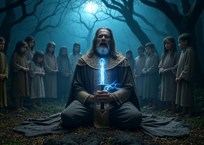 Wizard glowing sword forest children