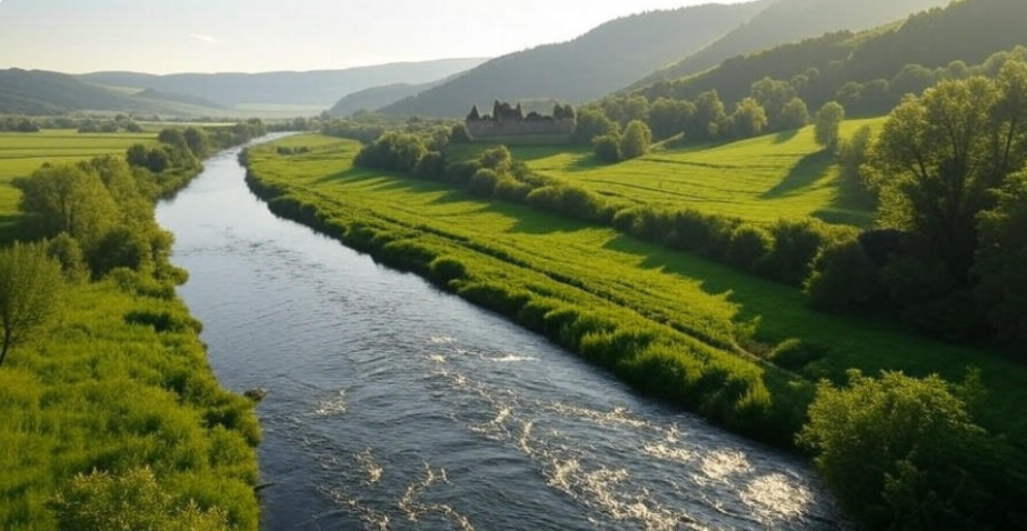 Lush valley river castle hills