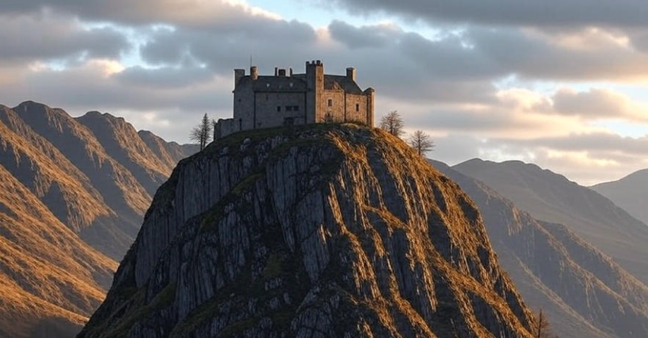 Castle atop rugged mountain sunset
