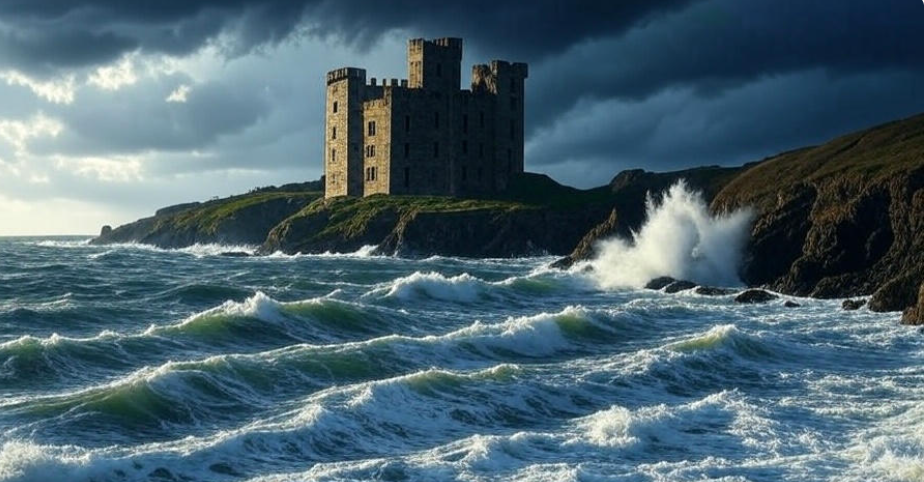 Castle stormy sea waves cliffs