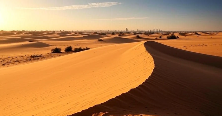 Golden desert dunes city skyline