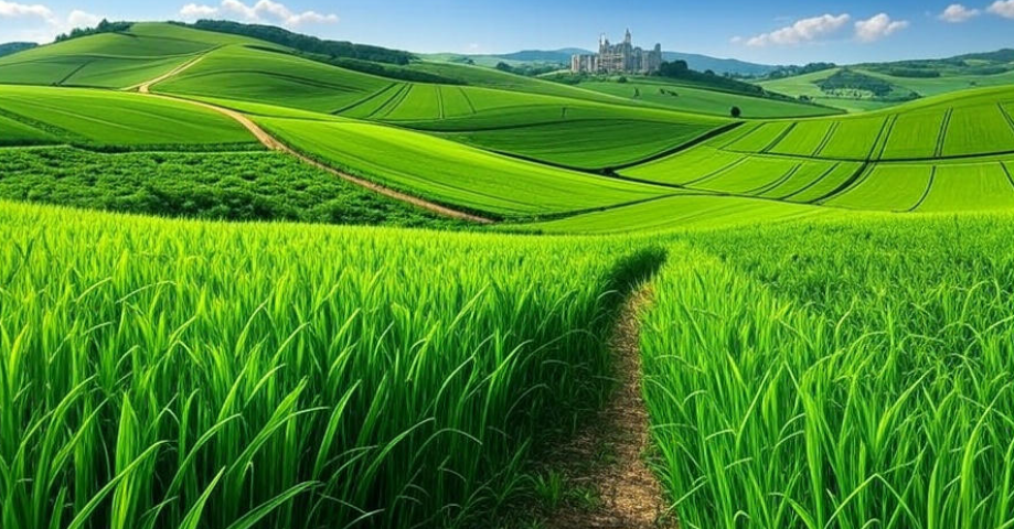 Lush green fields castle path