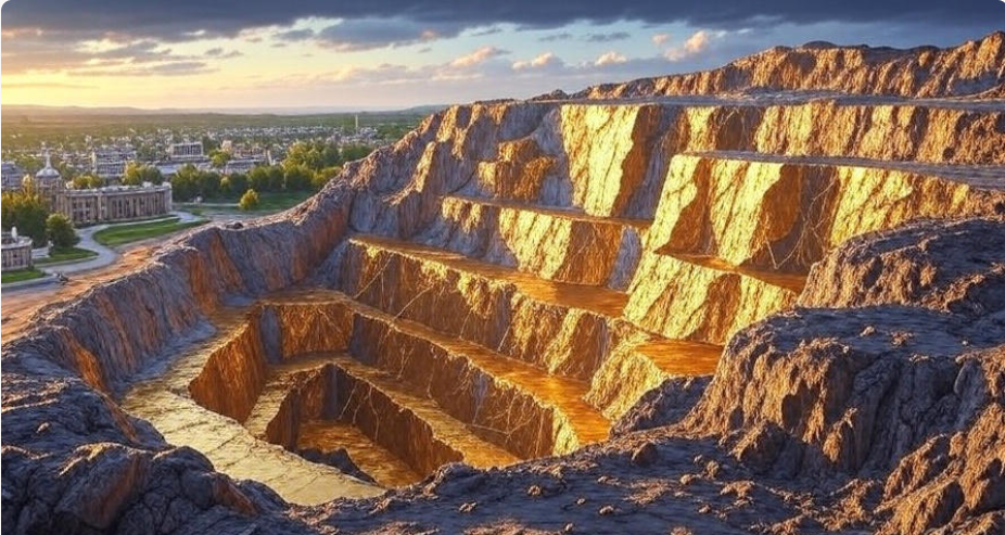 Golden quarry sunset town view