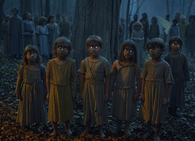 Eerie forest children gathering