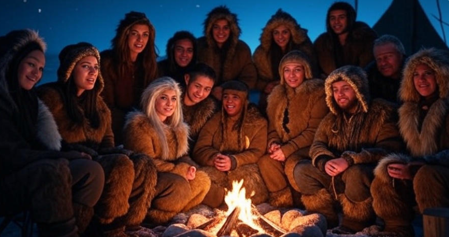 Cozy fur-clad group campfire