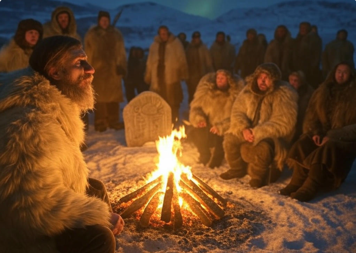Tribespeople around campfire