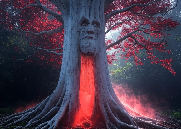 Mystical tree glowing red portal