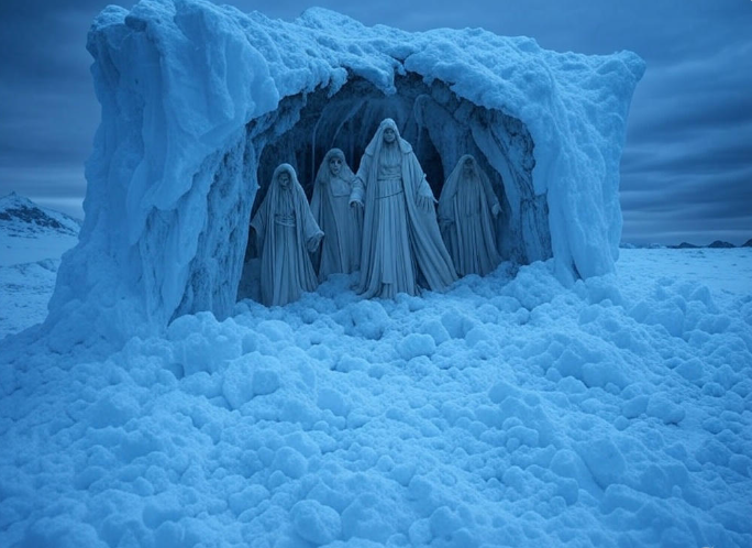 Icy cave robed figures snow