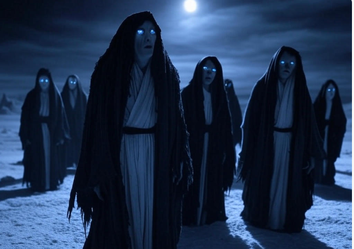 Eerie hooded figures snowy night