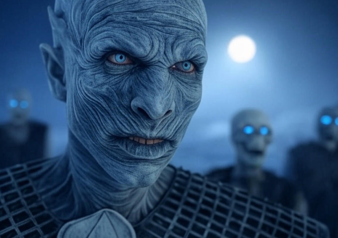 Icy figure under moonlight eerie