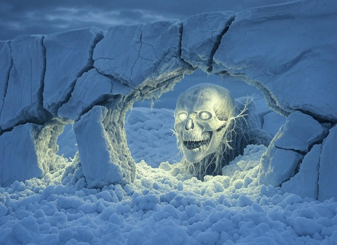 Icy skull in cave