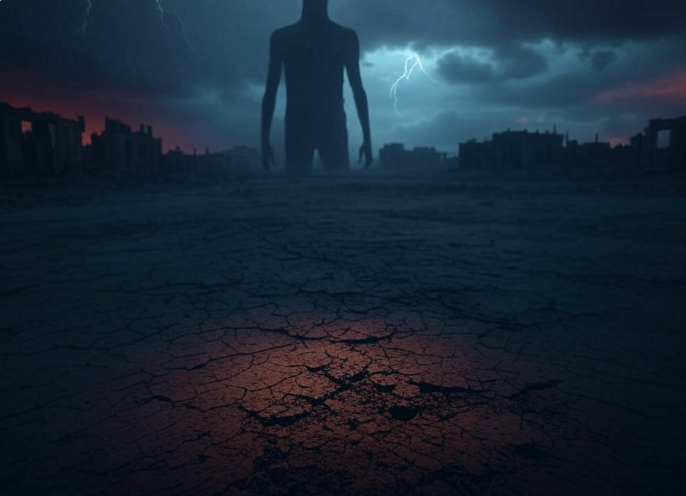 Giant silhouette stormy ruins