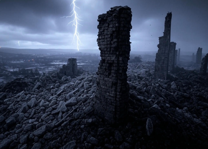 Ruins under stormy sky