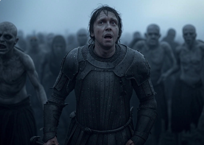 Knight facing zombie horde