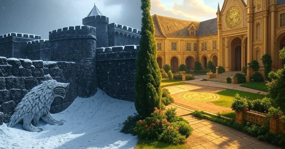 Snowy castle warm courtyard wolf