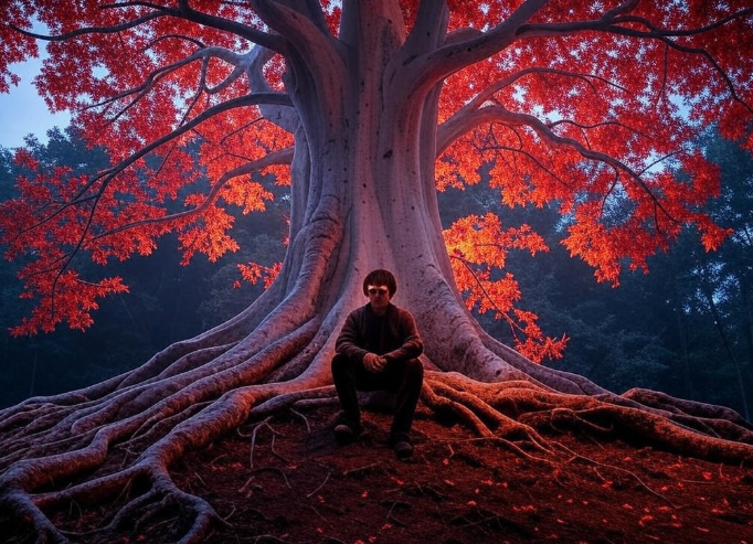 Person beneath giant tree