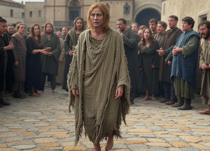 Woman in tattered robe