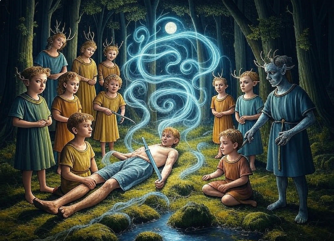 Mystical forest ritual scene