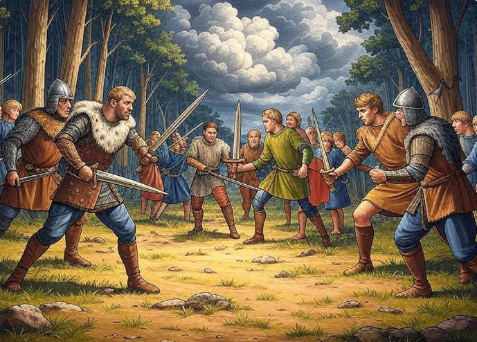 Medieval forest sword fight warriors