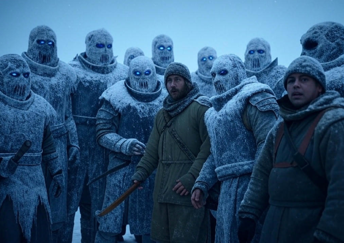 Snow-covered warriors blue eyes