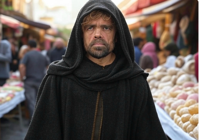 Hooded figure market scene