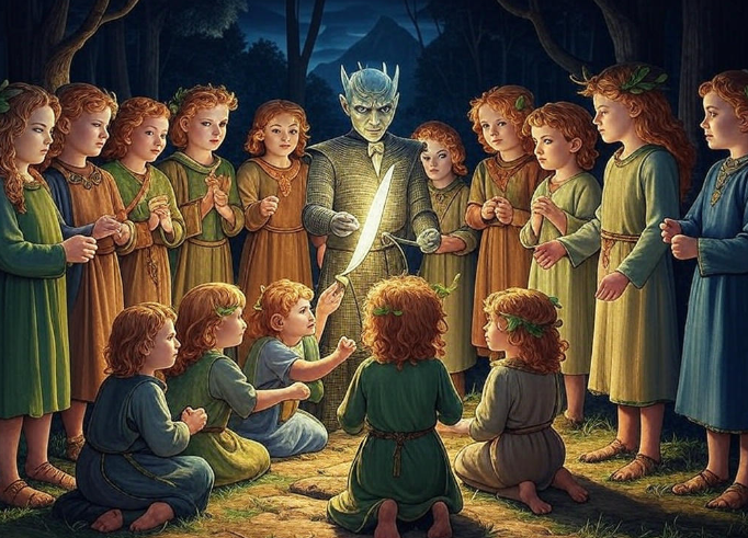 Children surrounding glowing sword