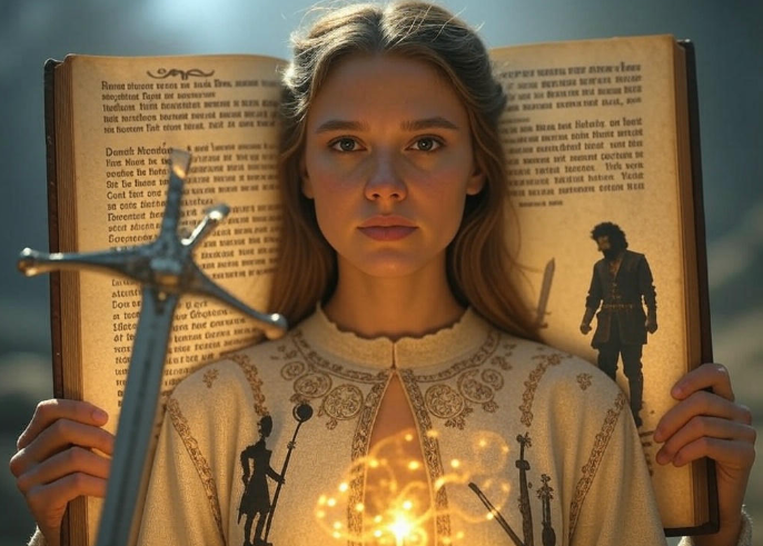 Warrior holding book sword