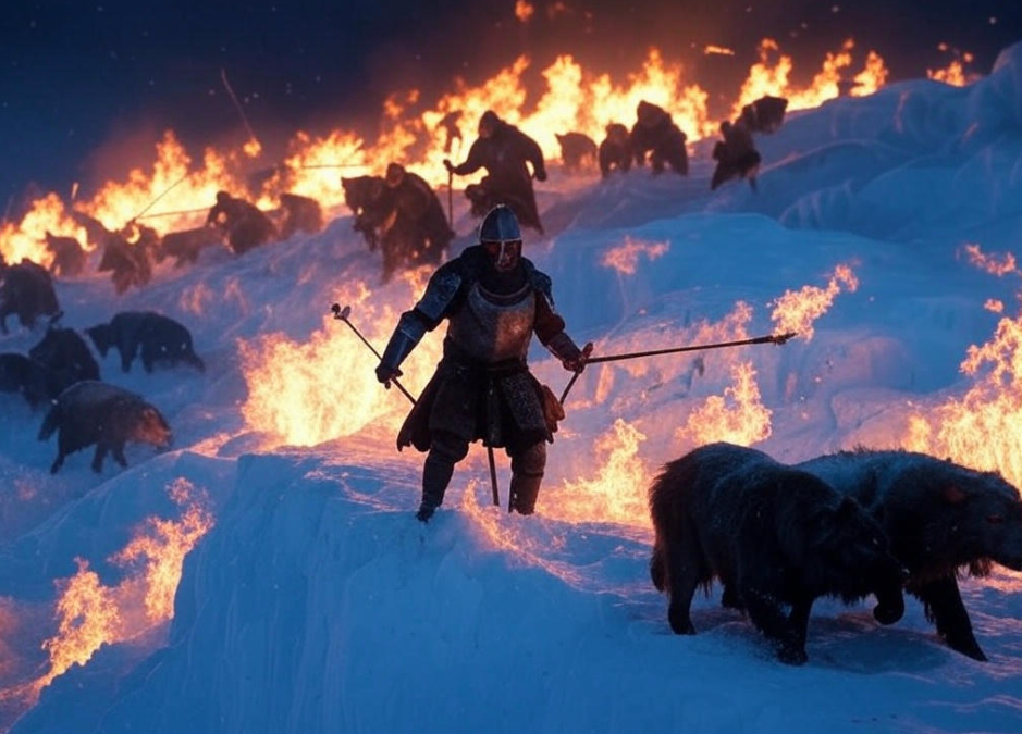 Knight battles fiery boars