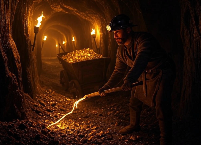 Miner digging gold cave torches