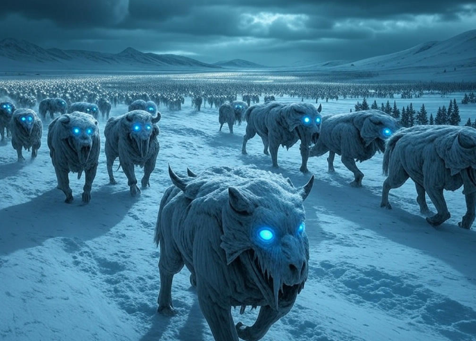Icy creatures glowing eyes snowscape