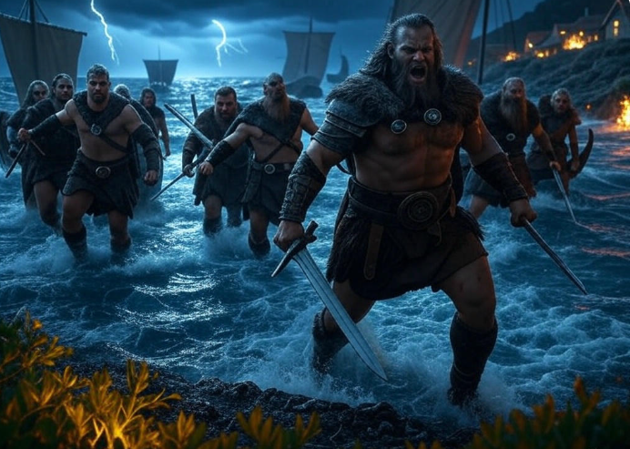 Viking warriors stormy sea